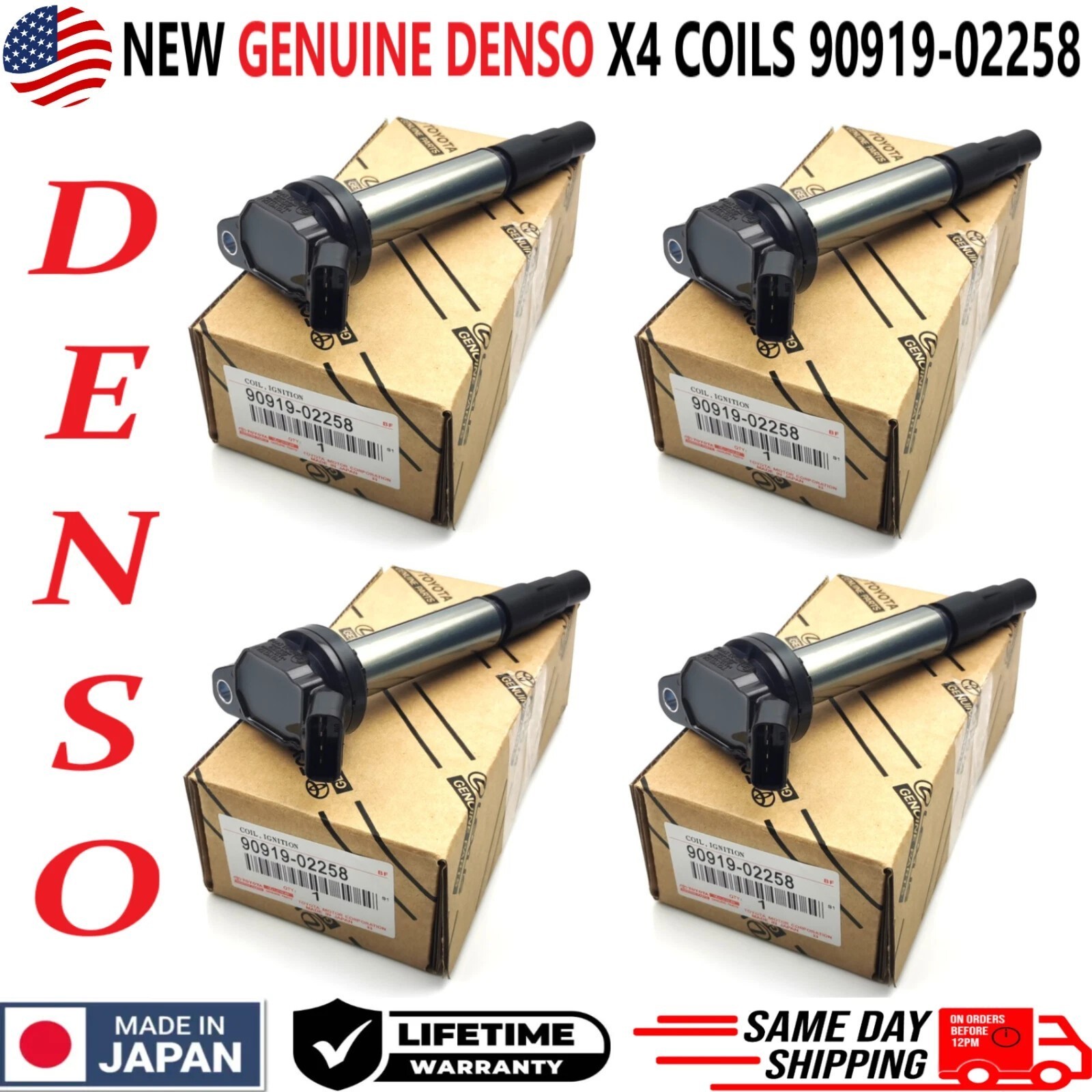 4 PACK New Genuine Denso 90919-02258 Ignition Coils 673-1310 For  Corolla 1.8L