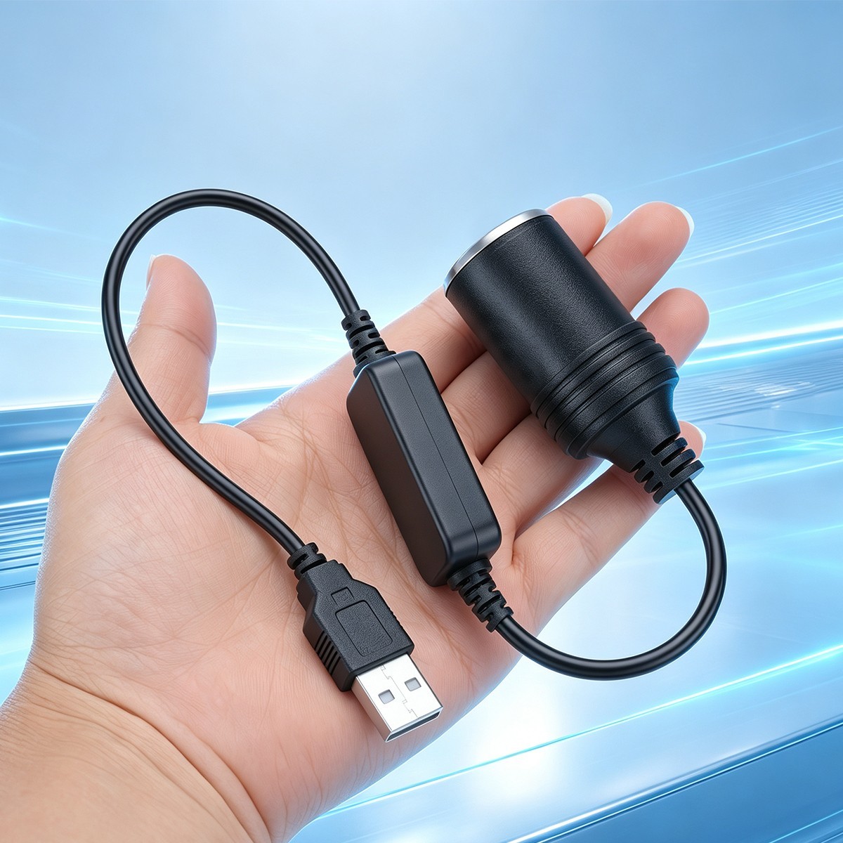 USB Male to 12V Cigarette Lighter Female Socket Adapter, Portable Power Supply