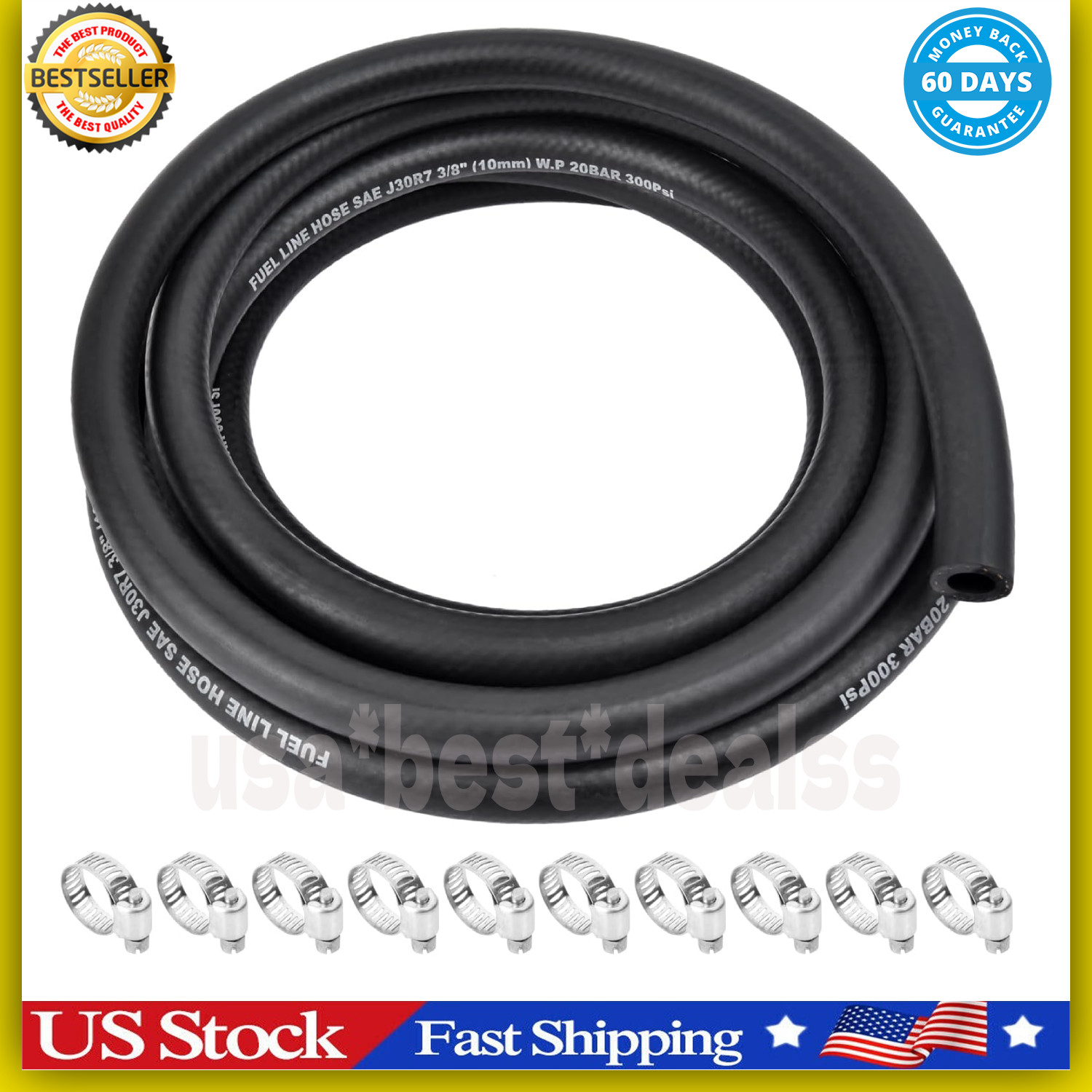3/8 Inch ID Fuel Line Hose - 10FT Marine Grade Fuel Line with 10PCS Hose Clamps