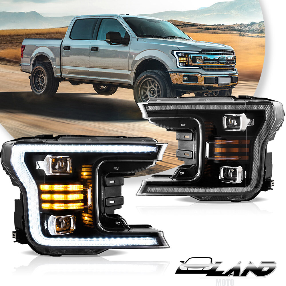 VLAND Black LED Projector Headlights w/ Sequential Turn For 2018-2020 Ford F-150