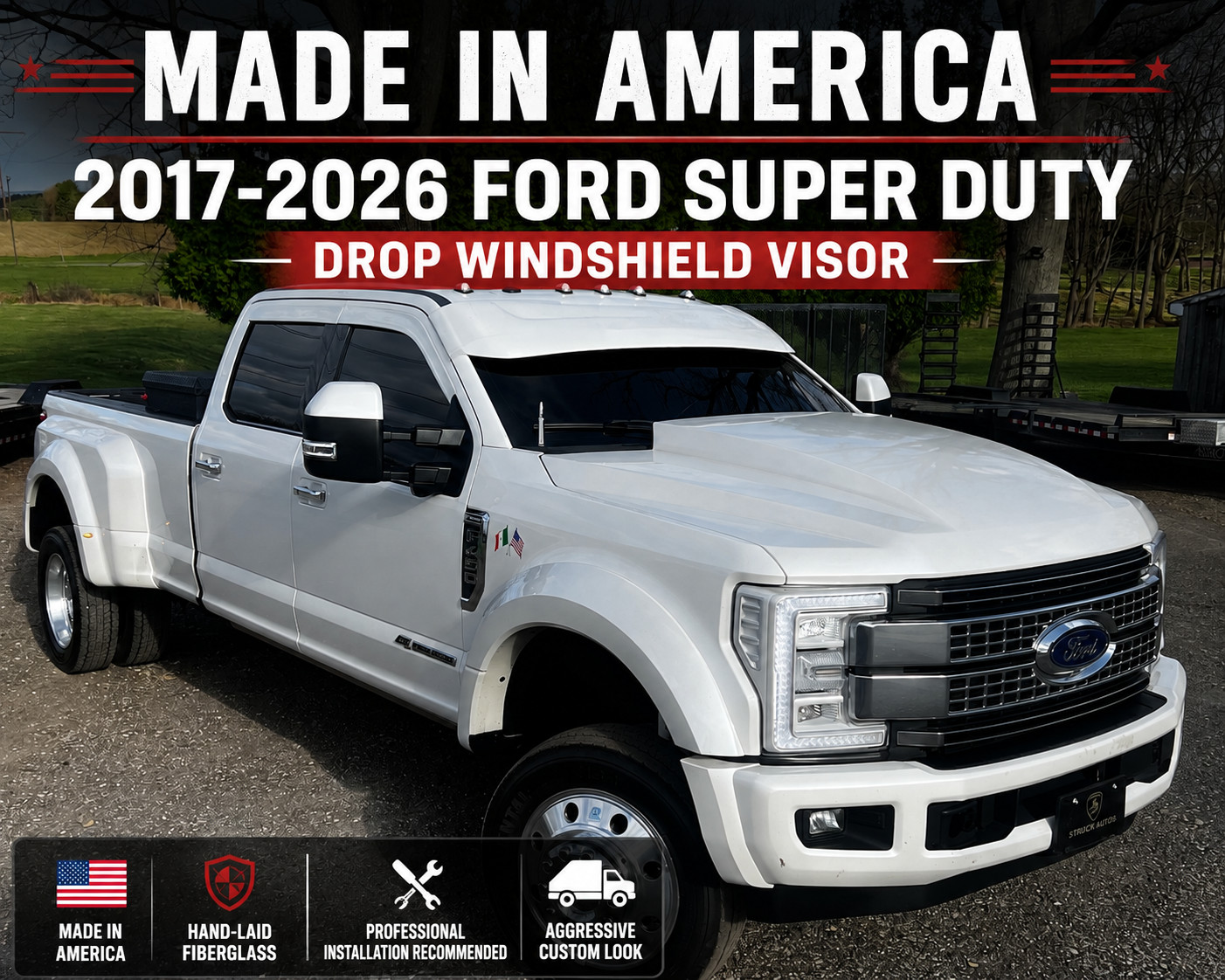2017-2026 Ford F250 F350 F450 F550 Super Duty Drop Windshield Visor Fiberglass