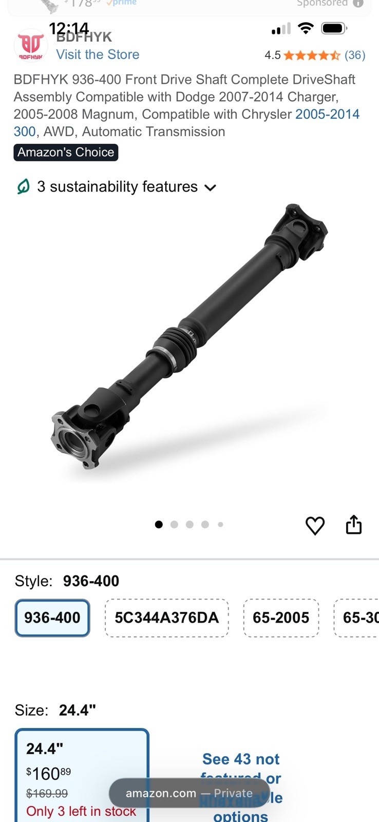 Front Drive Shaft Dodge 07-2014 Charger, 05-2008 Magnum,Chrysler 05-2014 300AWD,