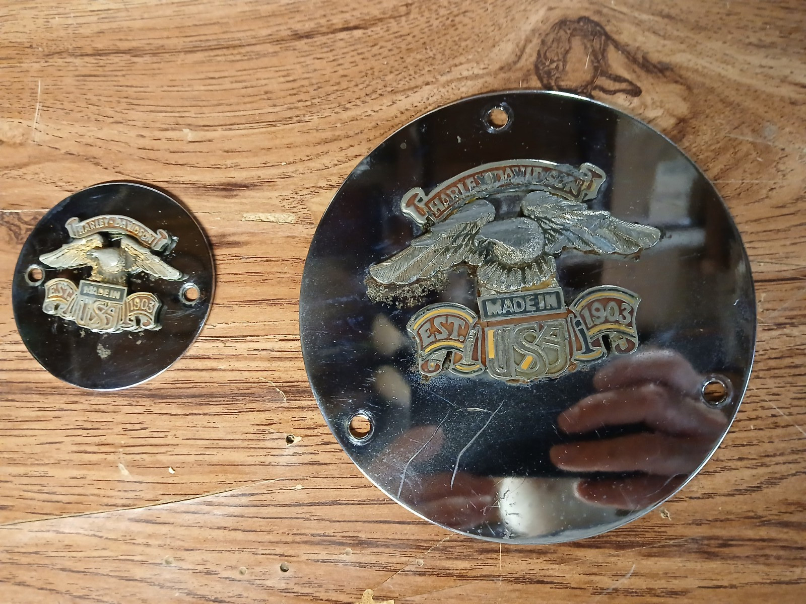 HARLEY DAVIDSON OEM GOLDEN EAGLE POINTS & DERBY COVERS MATCHING SET SHOVELHEAD