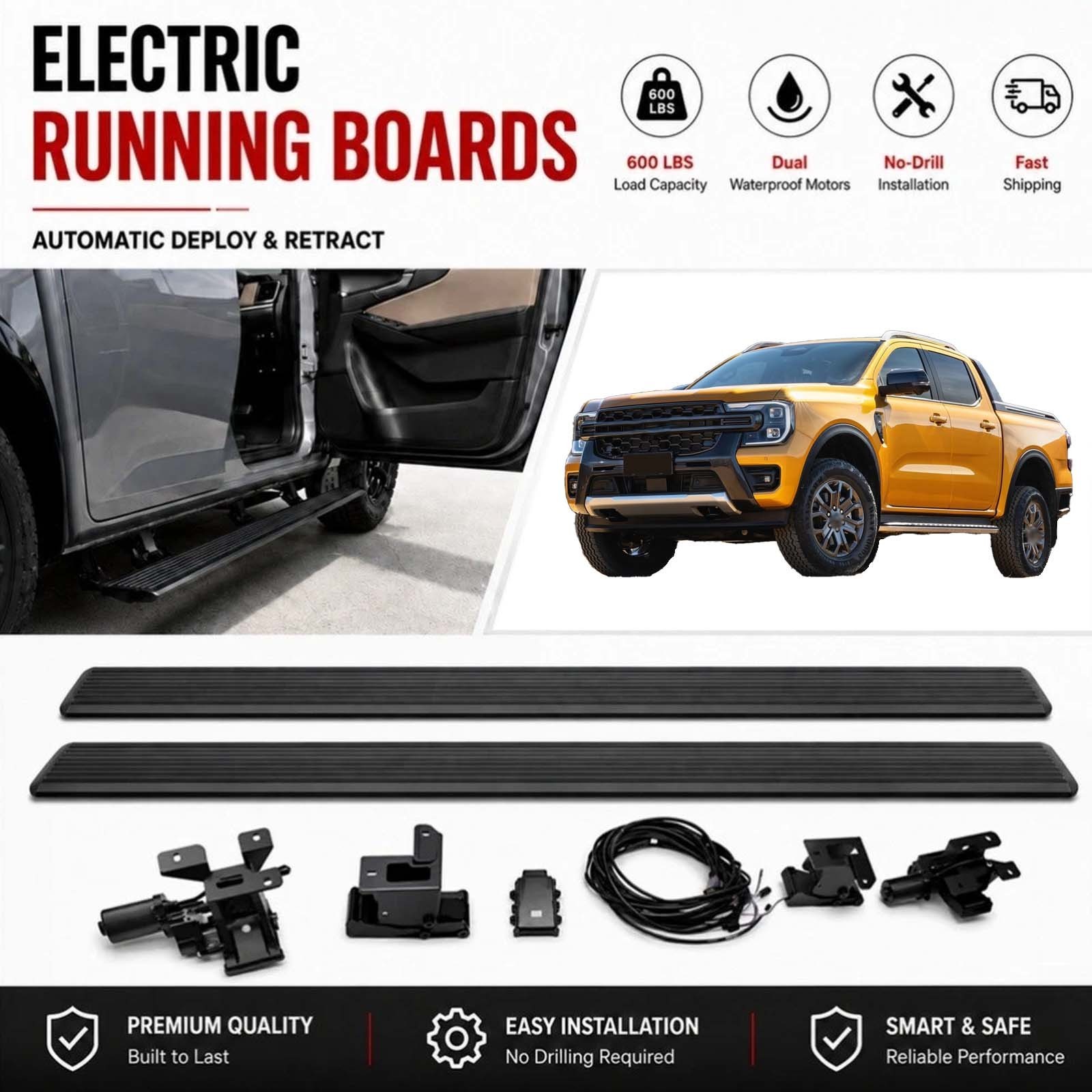 Deployable Electric Power Running Boards Fits Ford Ranger 2022-2026 2027 Black