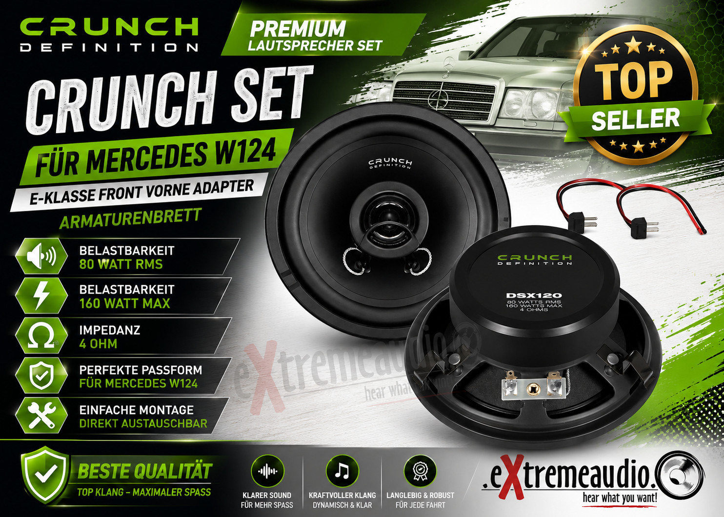 CRUNCH 2-Way Coax Speaker Set for Mercedes W124 E-Class Front Adapter CRUNCH 2-Way Coax Speaker Set for Mercedes W124 E-Class Front Adapter