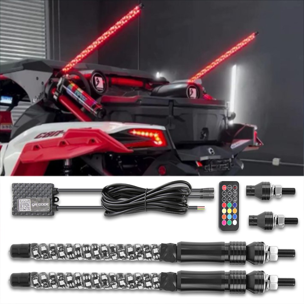 2x 1ft RGB LED Whip Spiral Lights Antenna w/ Remote For Can-am X3 Polaris RZR XP