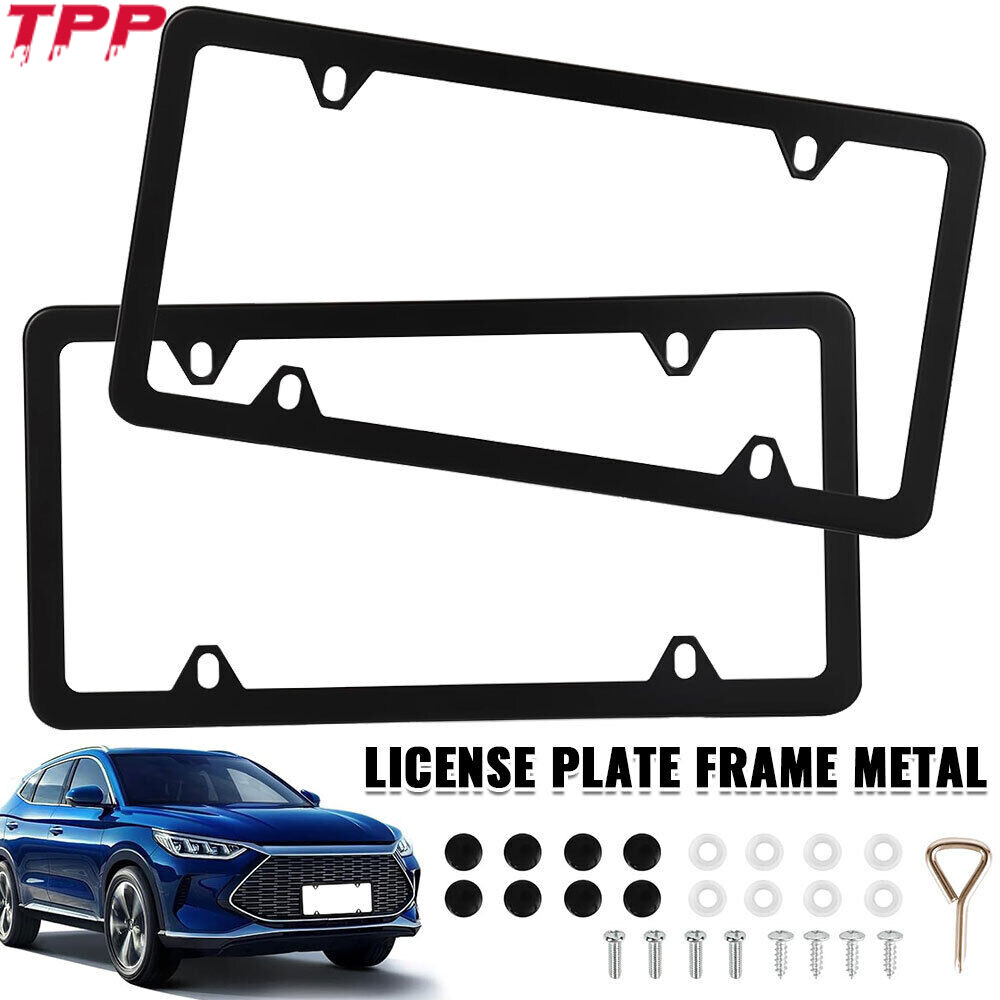 2 PCS Black Stainless Steel Metal License Plate Frame Tag Cover With Screw Caps