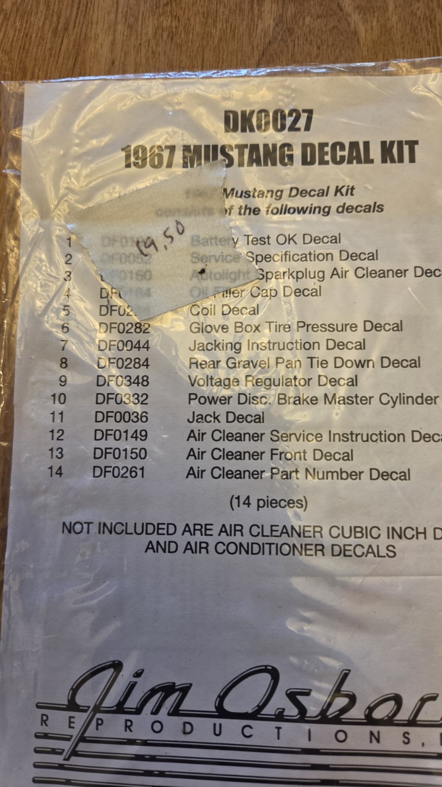 Jim Osborn Reproductions Decal Kit 14-Piece Mustang 1967