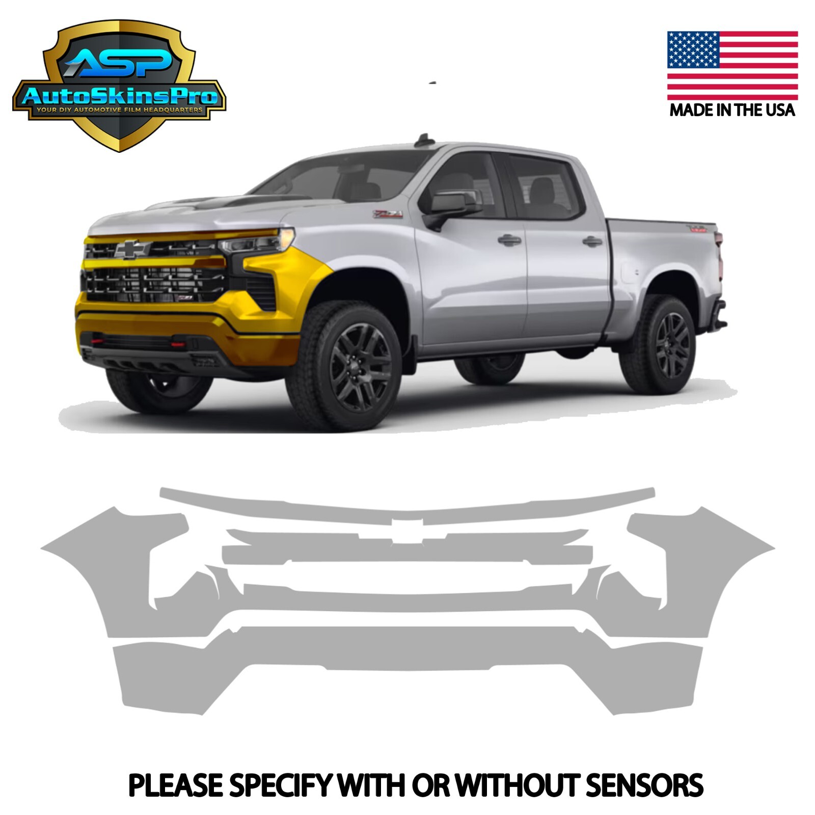 Precut Paint Protection Film (PPF)  22-25 Silverado LT Trail Boss Front Bumper