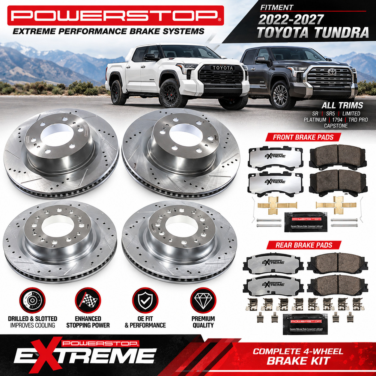 2022-27 Toyota Tundra POWER STOP Drilled & Slotted brake Rotors/Pads Set 2022-27 Toyota Tundra POWER STOP Drilled & Slotted brake Rotors/Pads Set