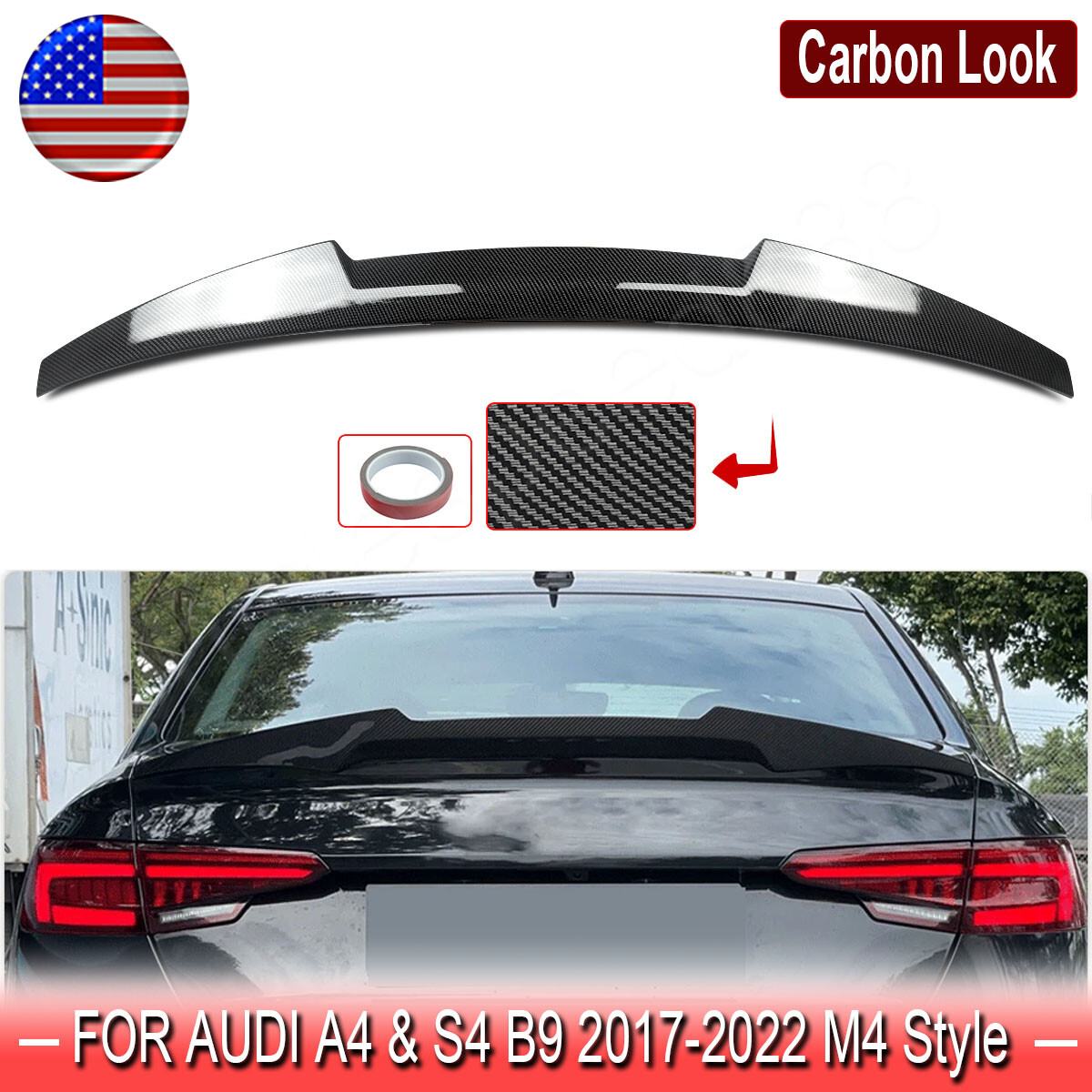 For Audi S4 A4 B9 2017-2022 V-Type Rear Trunk Spoiler Wing Carbon Fiber Look