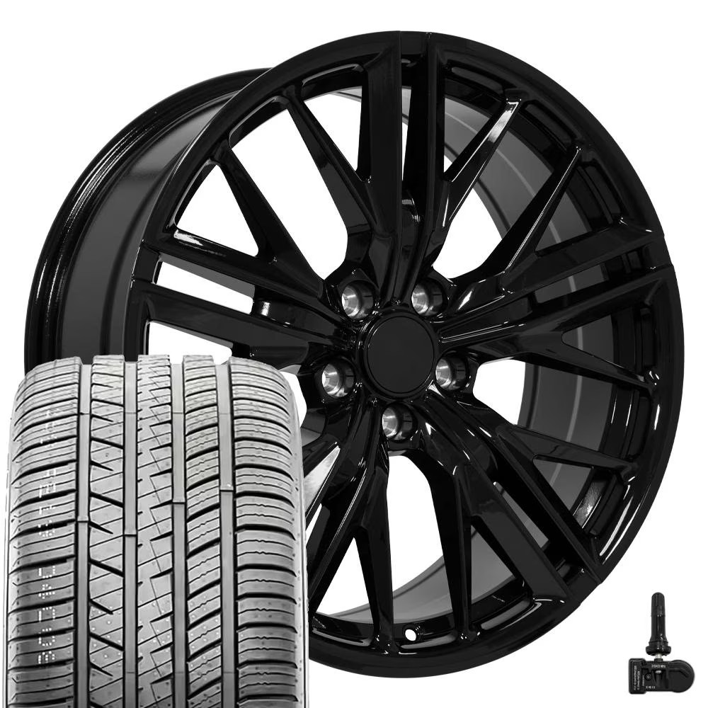 Set(4) OE Wheels CV25 Staggered Black Rims, UHP Tires & TPMS 5x120