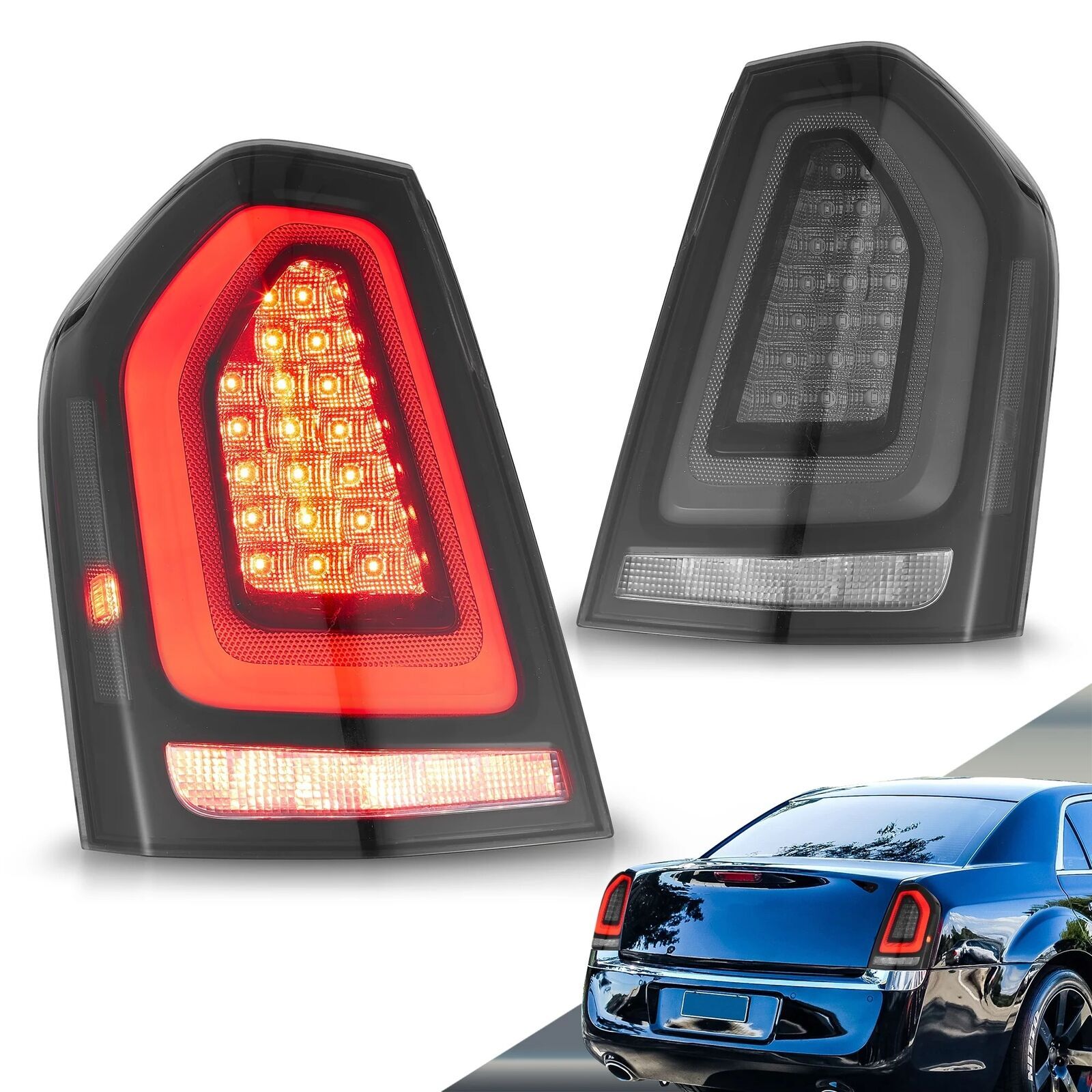 VLAND Pair Smoky LED Tail Lights Fit 2011-2014 Chrysler 300 W/Startup Animation
