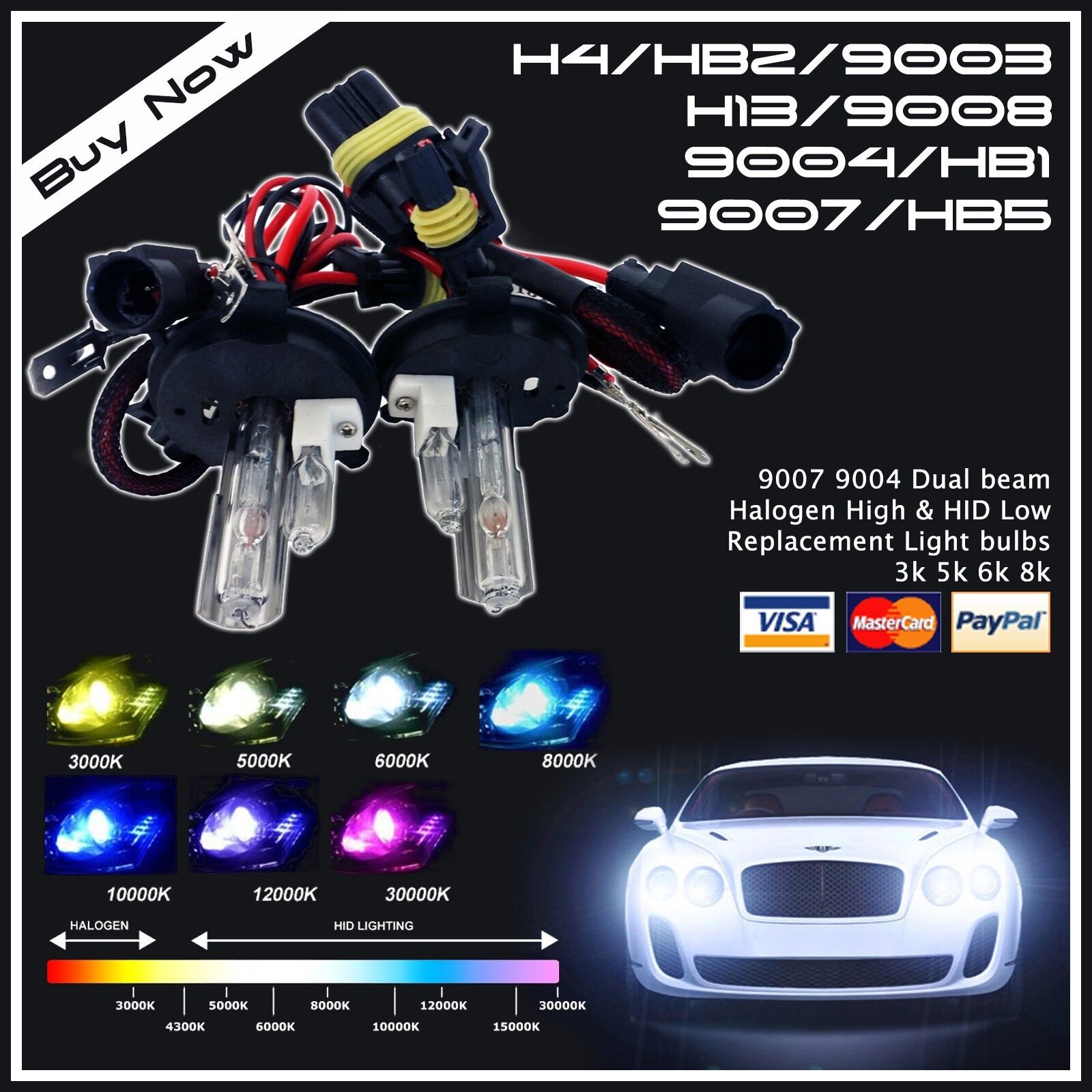 Two 35W 55W Xentec Xenon HID Kit 's Replacement High & Low Light Bulbs H4 9007