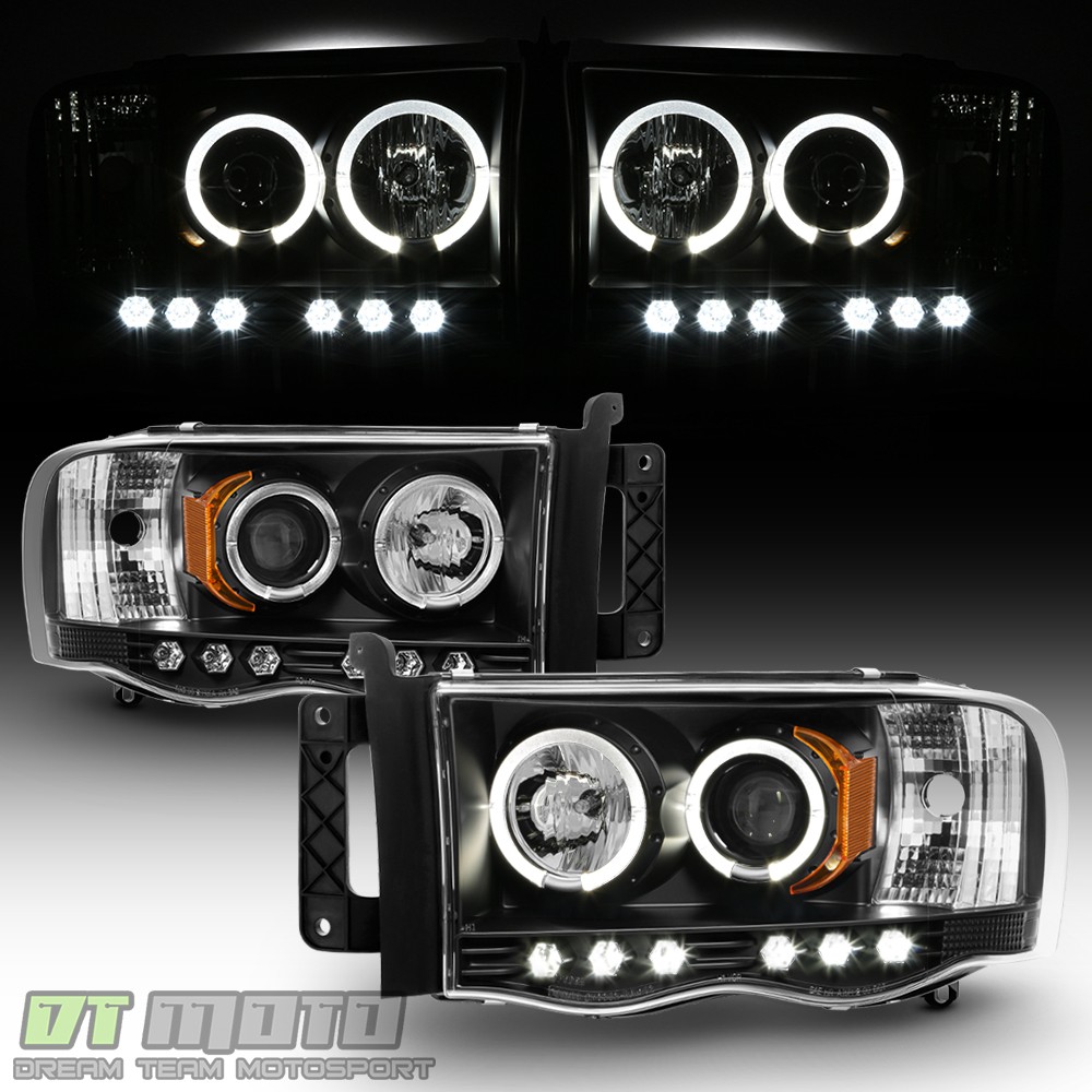 Black 2002-2005 Dodge Ram 1500 03-05 Ram 2500 3500 Halo LED Projector Headlights Black 2002-2005 Dodge Ram 1500 03-05 Ram 2500 3500 Halo LED Projector Headlights
