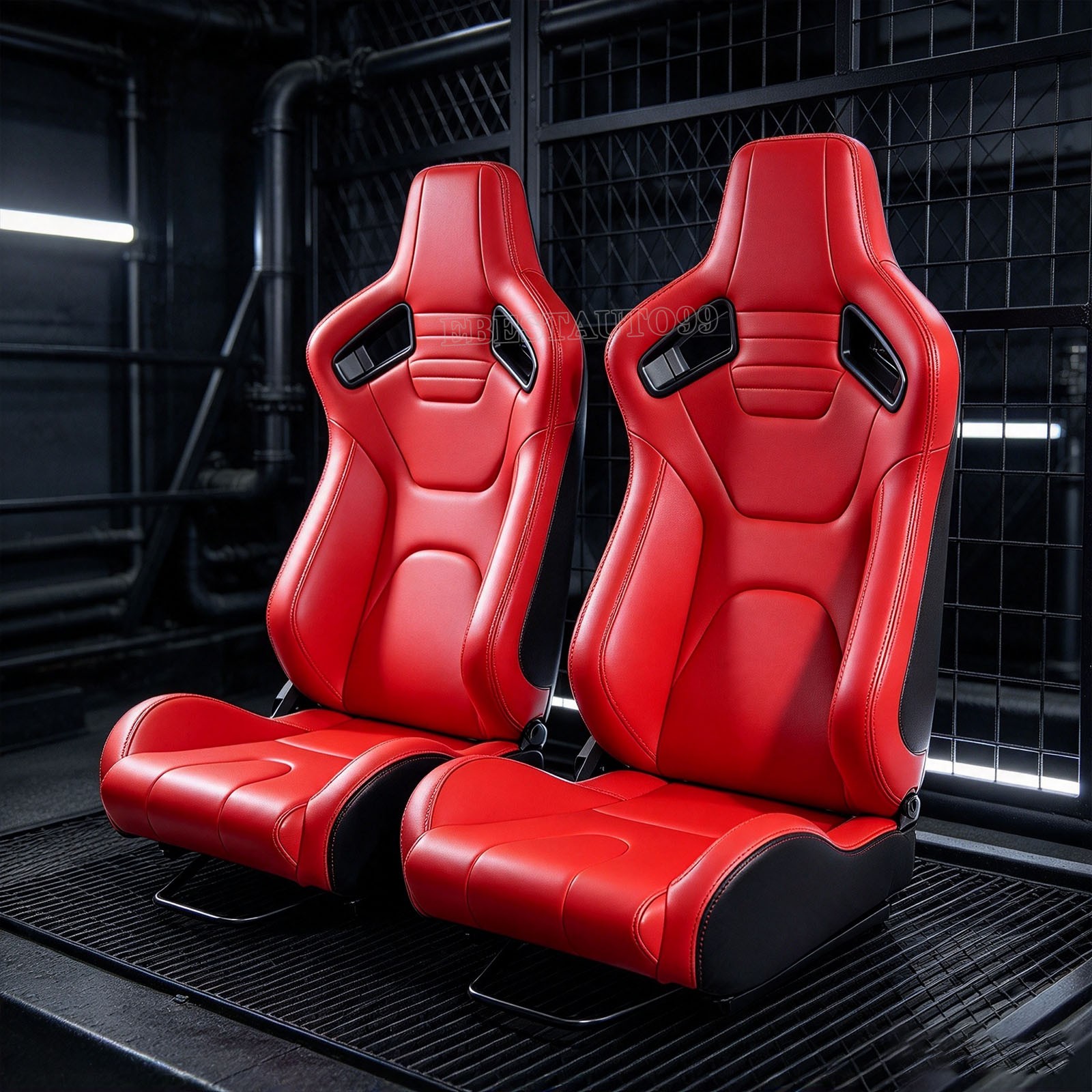 Adjustable Universal Racing Seat Bucket Style Red PVC Leather & Dual Slider x2