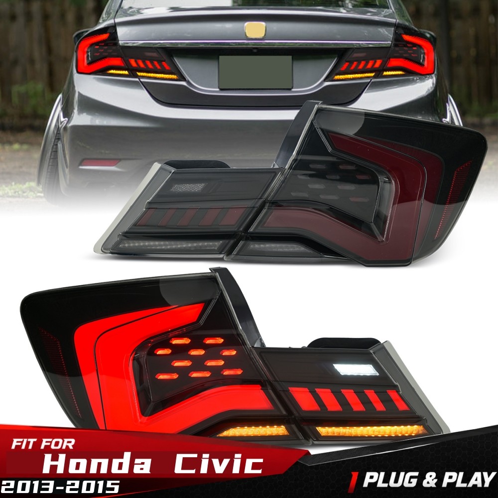 Pair Upgraded Smoked LED Tail Lights For Honda Civic 2013-2015 Rear Brake Lamps