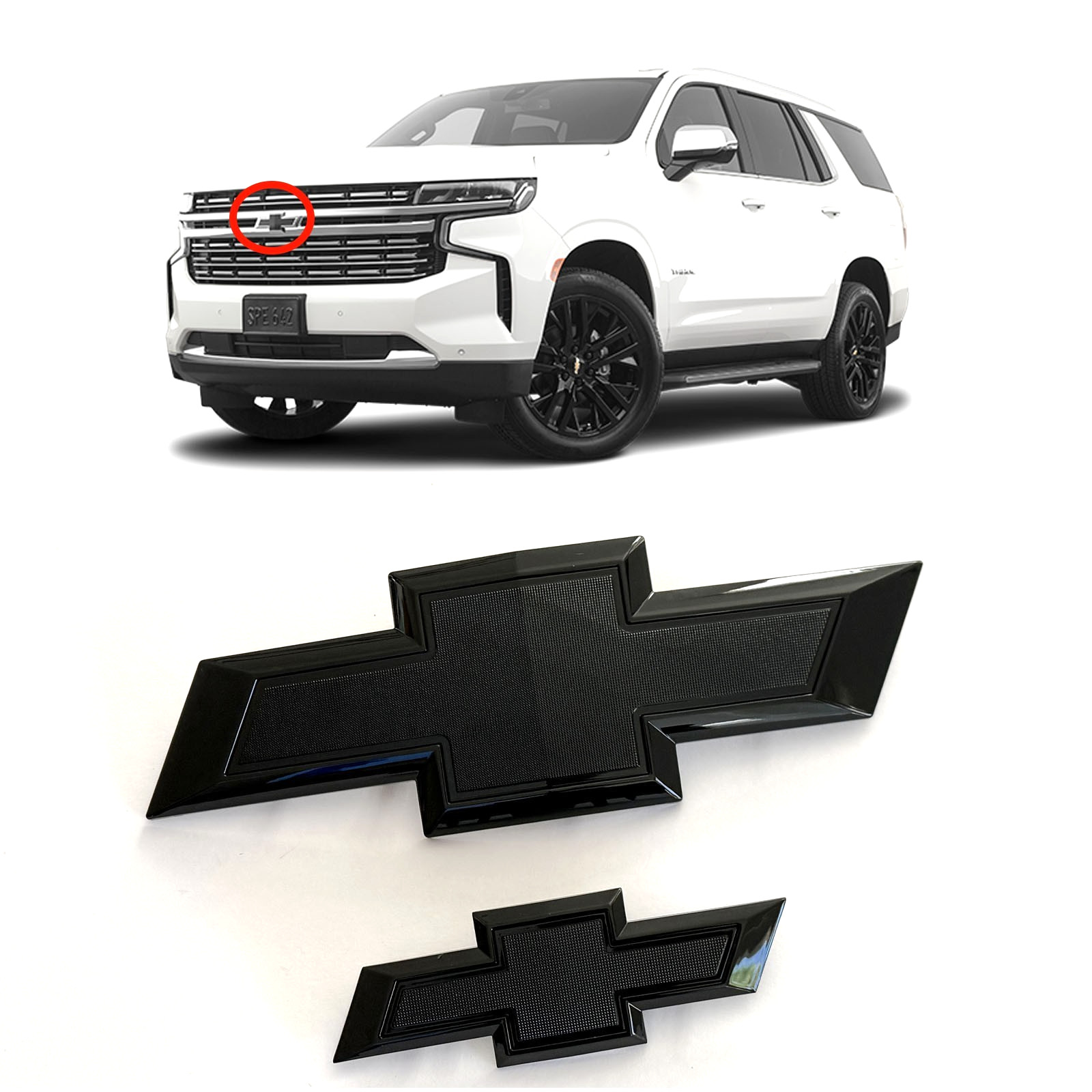 New 2021-2025 Suburban Tahoe Front & Rear Gloss Black Bowtie Emblems Kit OEM New 2021-2025 Suburban Tahoe Front & Rear Gloss Black Bowtie Emblems Kit OEM