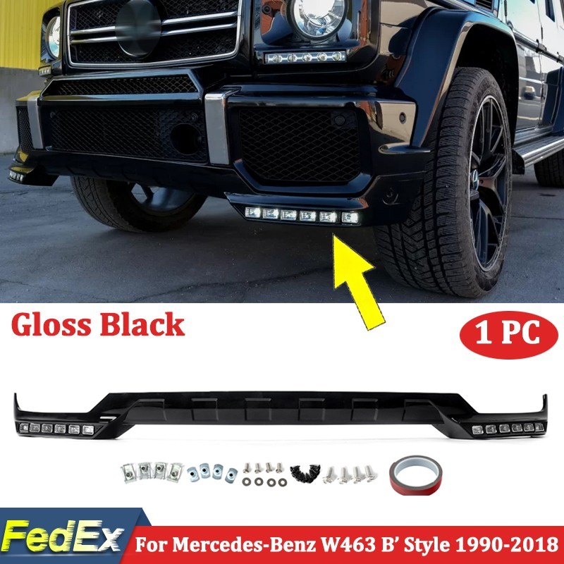 For Benz W463 G63 G500 G55 1990-2018 Front Bumper Splitter Lip W/LED Gloss Black