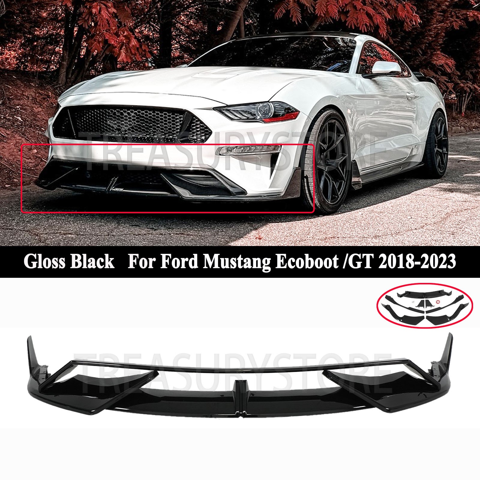 For Ford Mustang Ecoboot /GT 2018-2023 AD Style Gloss Black Front Bumper Lip Kit