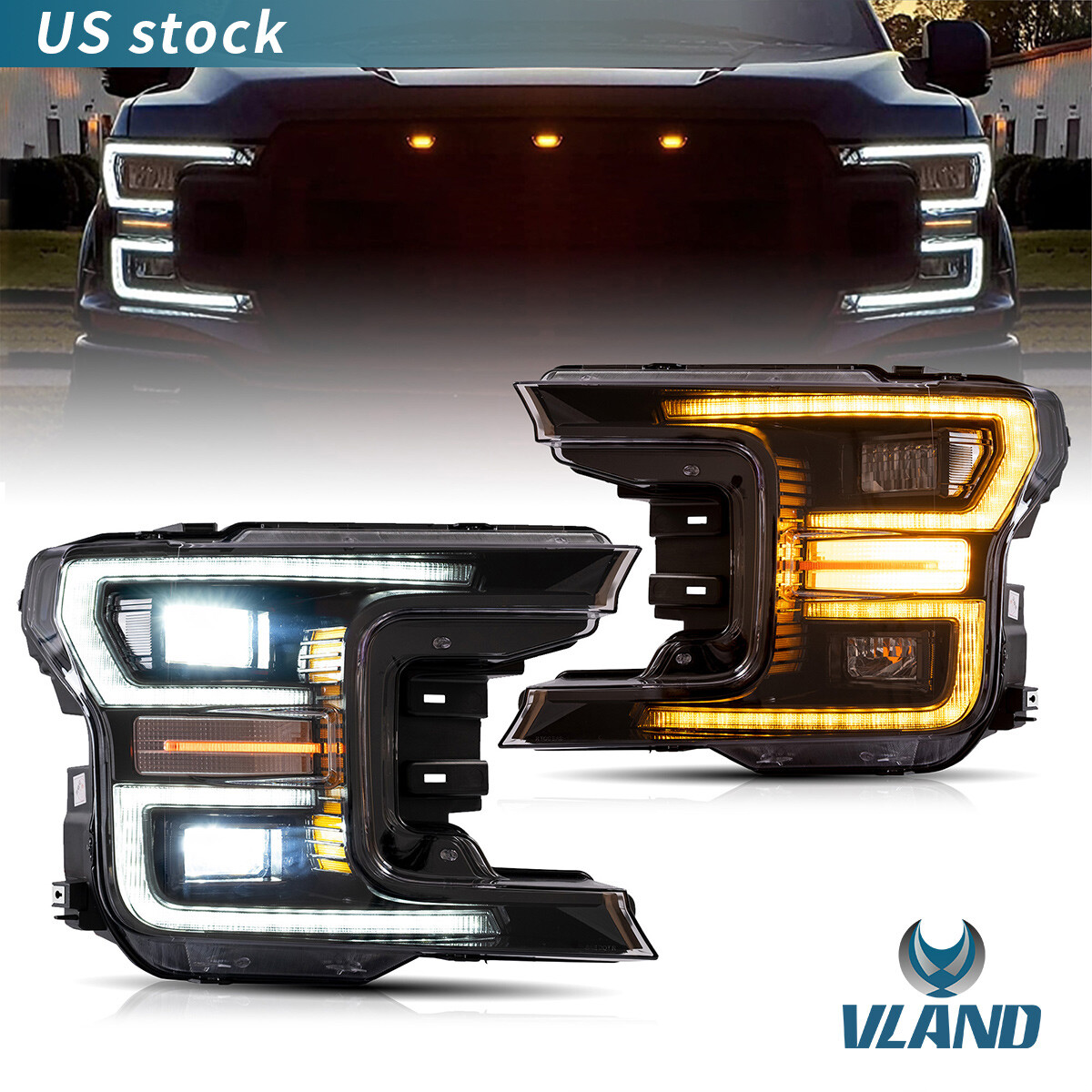 VLAND 2X LED Headlights Black for Ford F150 XLT XL SSV king 2018 2019 2020