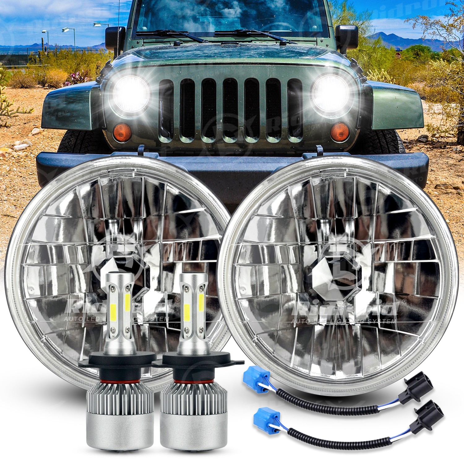 7 Inch led GLASS Headlight Round, ORIGINAL CLASSIC LOOK Conversion Chrome pair