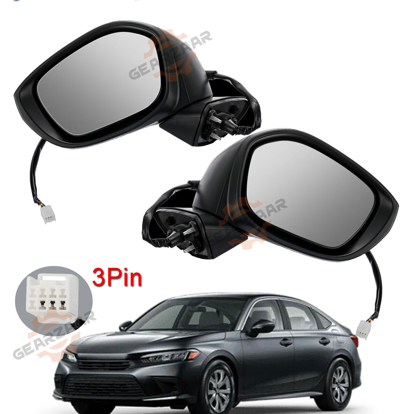 Fits Honda Civic 2022 2023 Right＆Left Side 3 pins Power Adjust Black Mirror Set