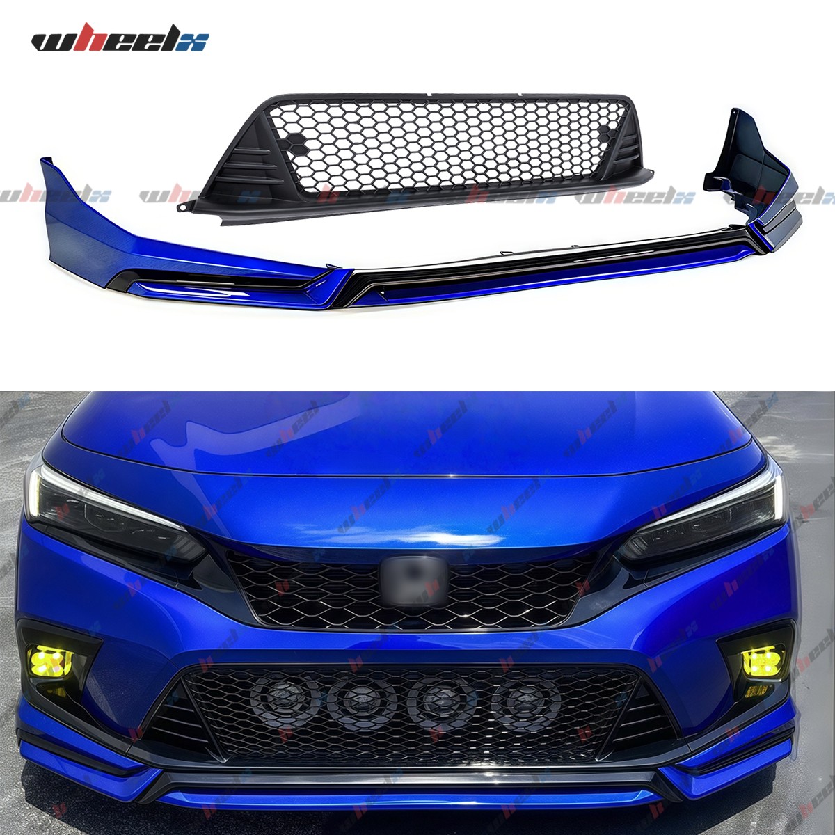 FOR 22-24 HONDA CIVIC YOFER STYLE AEGEAN BLUE FRONT BUMPER LIP + HONEYCOMB GRILL