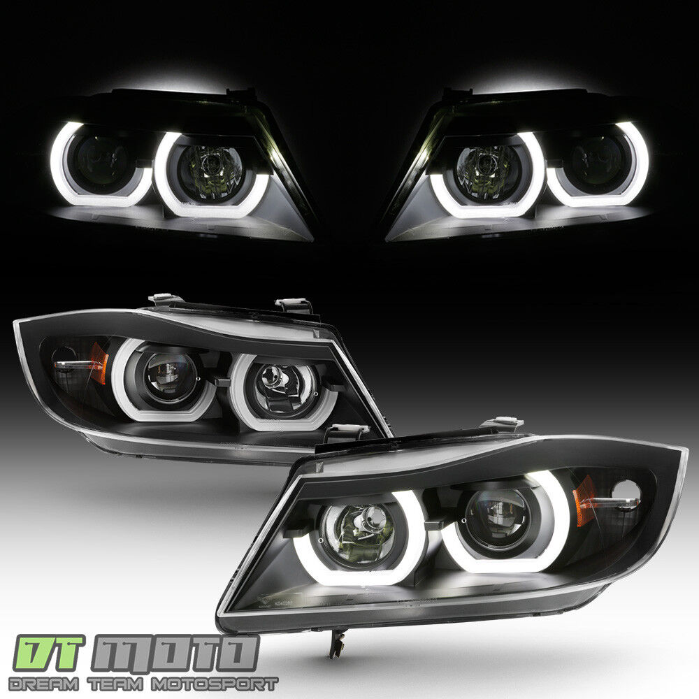 Black 2006-2008 BMW E90 3-Series 4-Door LED Halo Projector Headlights Headlamps
