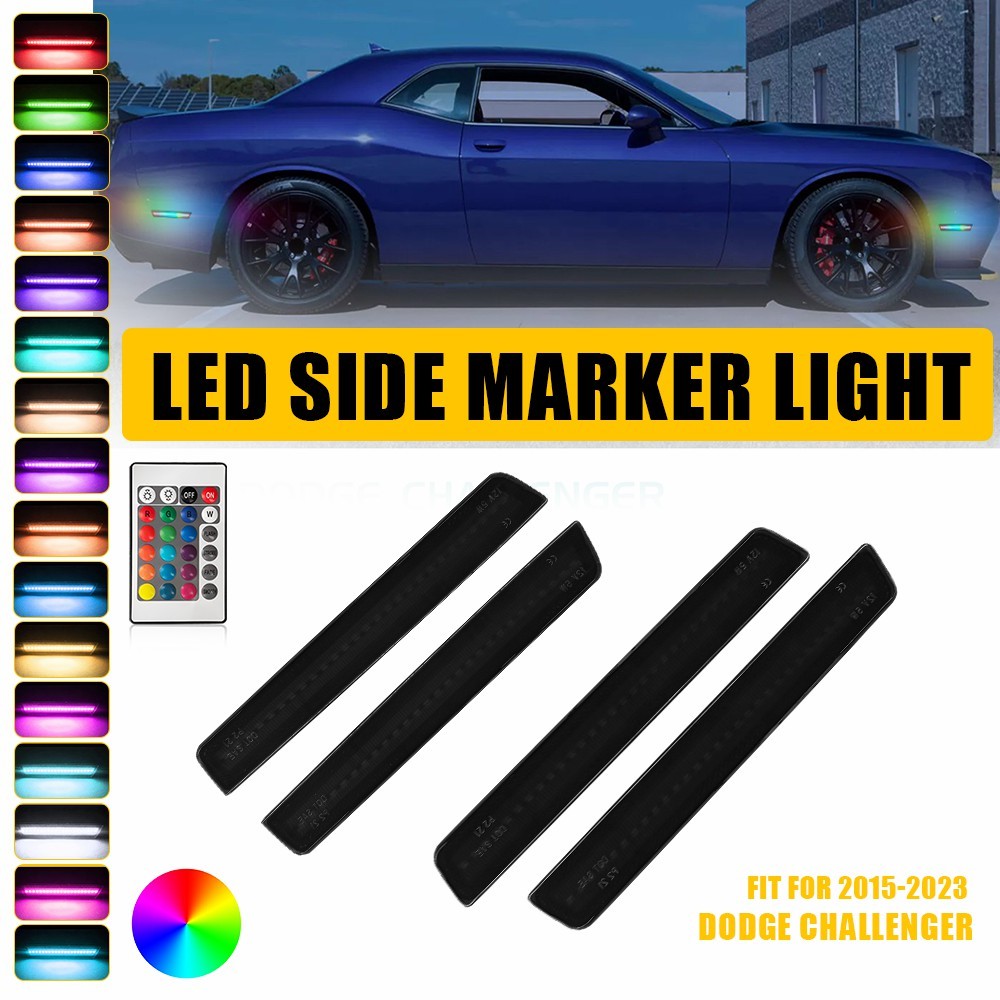 4x Dynamic RGB LED Side Marker Lights For 2015-2023 Dodge Challenger Front+Rear