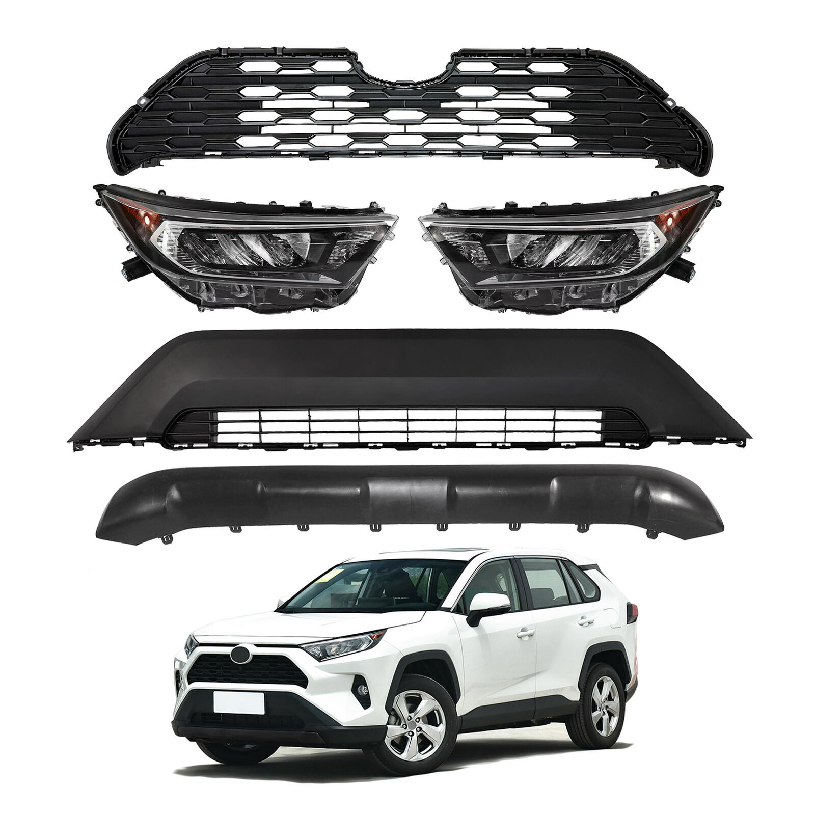 For Toyota RAV4 2019-2021 Front Upper Lower Grille Headlight and Valance Panel