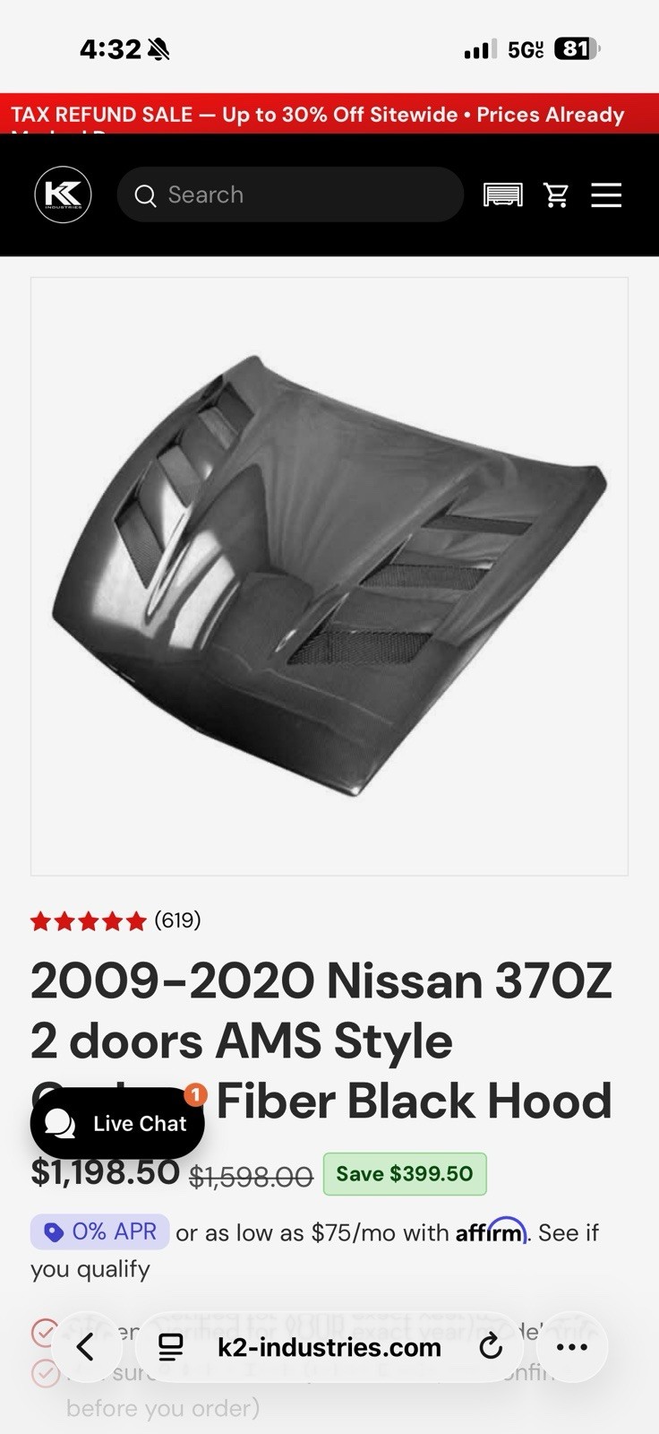 VIS Racing AMS Style Carbon Fiber Hood – Nissan 370Z VIS Racing AMS Style Carbon Fiber Hood – Nissan 370Z