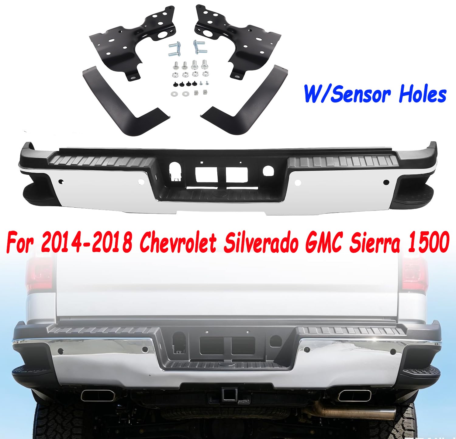 Rear Bumper For 2014-2018 Chevrolet Silverado GMC Sierra 1500 With Sensor Hole