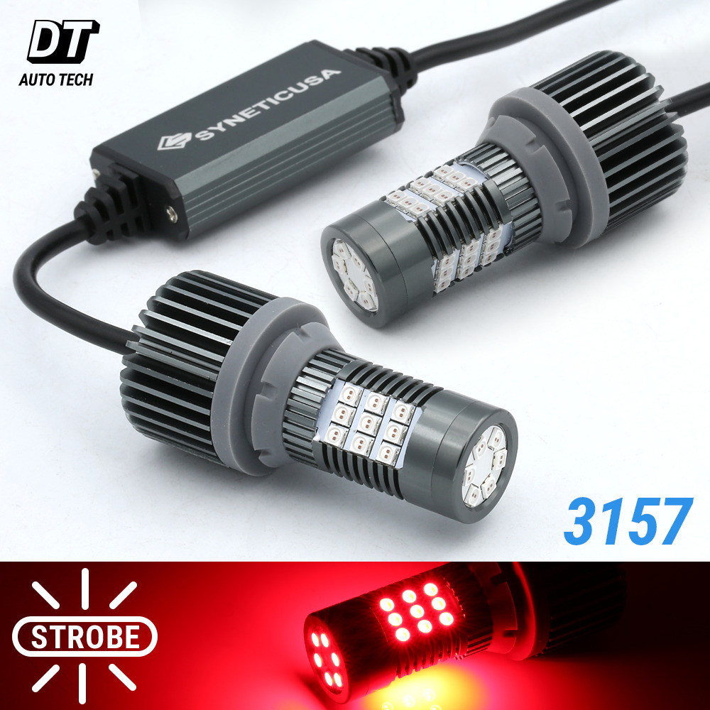 SYNETICUSA CANBUS Error Free 3157 Red LED Light Bulbs Strobe Flash Brake Tail