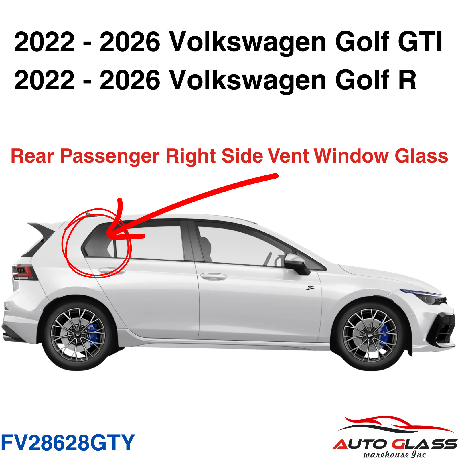 Fits 2022-2026 Volkswagen Golf GTI Golf R Rear Passenger Right Side Vent Window