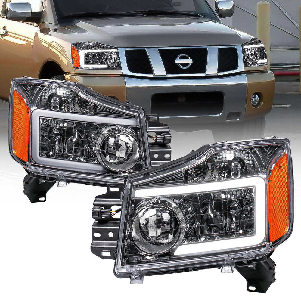Pair Chrome LED Headlight Front Lamps Assembly For 2004-2012 Nissan Titan