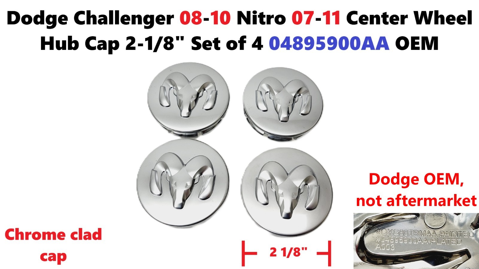 Dodge Challenger 08-10 Nitro 07-11 Center Wheel Hub Cap 2-1/8\