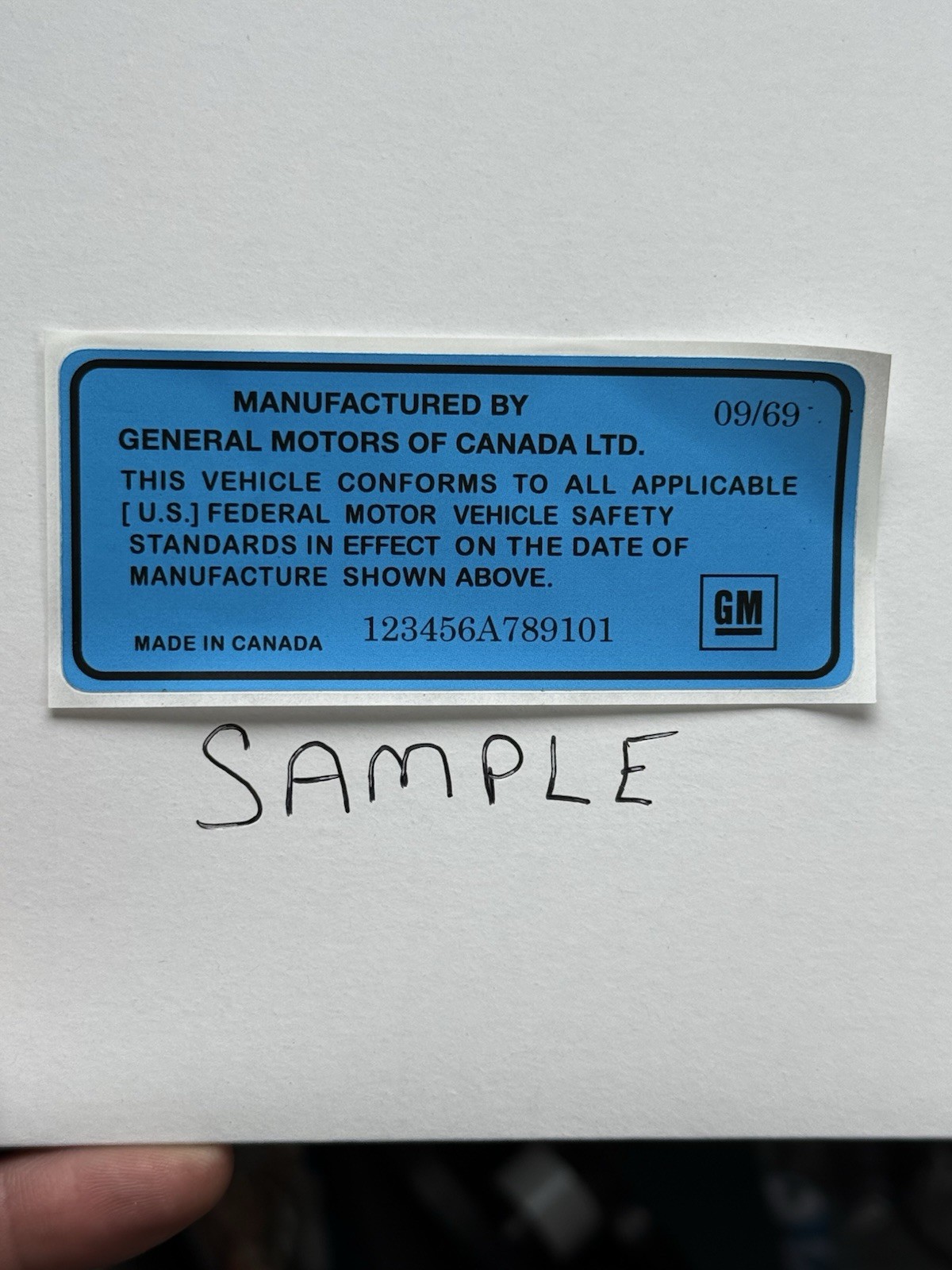 64-71 GM Vin Decal GM Door Jamb Decal with YOUR VIN # Canada Production
