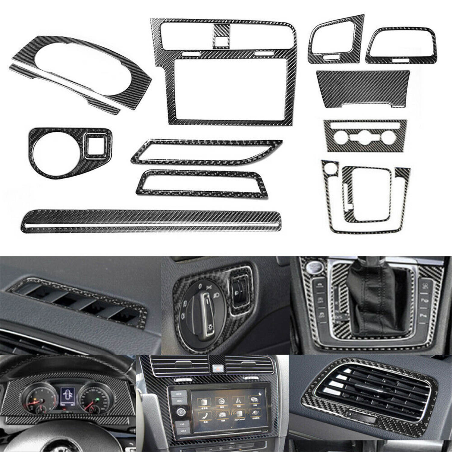 15Pcs Carbon fiber Full Set Fiber Interior Dashboard For VW Golf 7 GTI MK7 14-19