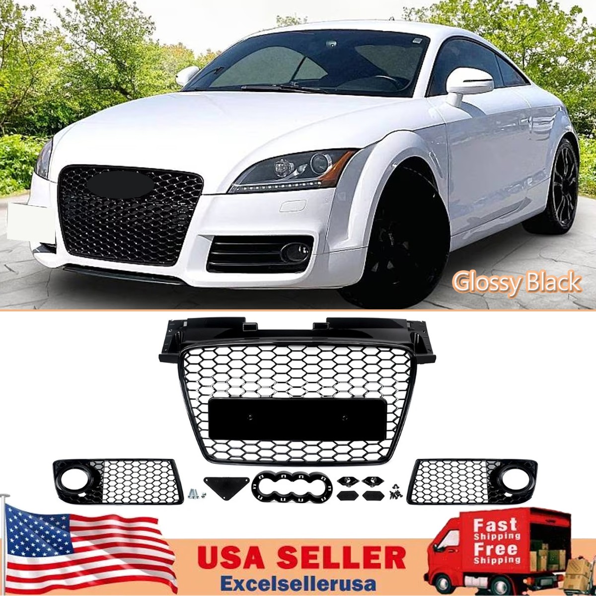 For Audi TT S-Line 2007-2014 Glossy Black Front Grille & Fog Light Grille Covers