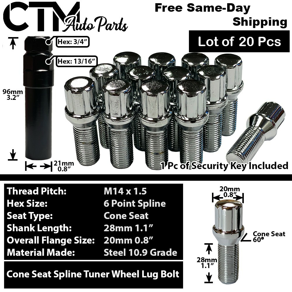 20x Chrome 14x1.5 Spline Tuner Lug Bolts 28mm Shank Volkswagen Aftermarket Wheel