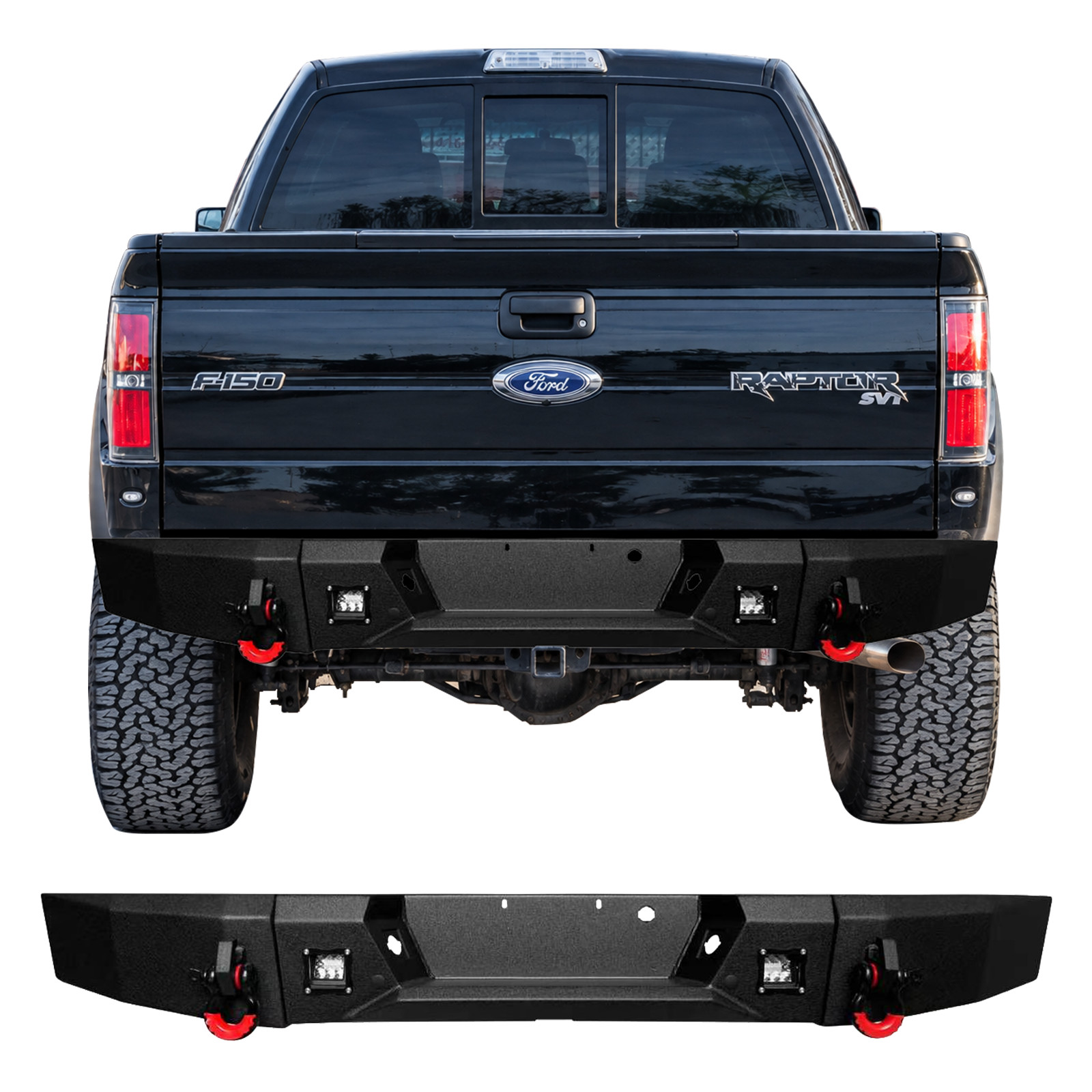 Black Steel Rear Bumper w/LED Lights & D-Rings For 2009-2014 Ford F-150 Raptor