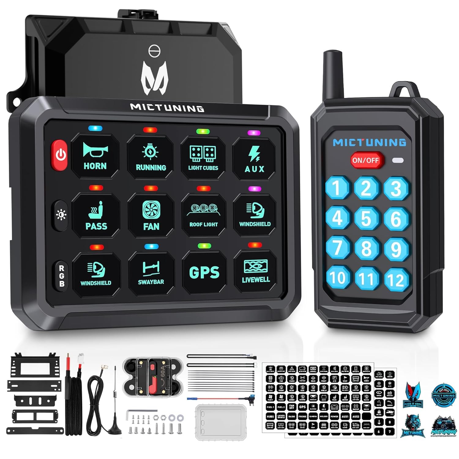 Wireless Remote Control RGB 12 Gang Switch Panel 12v LED Circuit Relay Box Truck