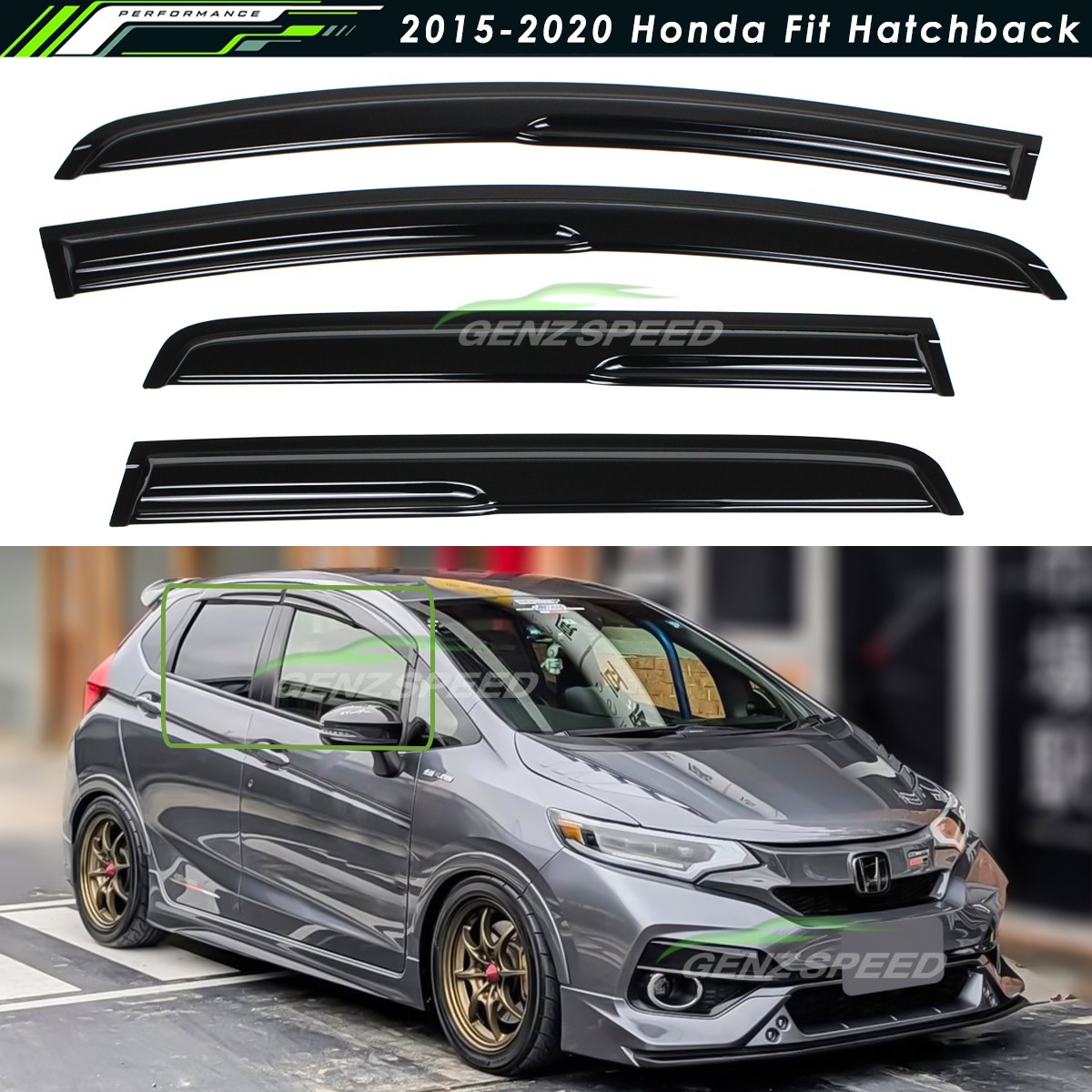 For 2015-2020 Honda Fit Jazz GK5 3D Wavy Mugen Style Window Visors Rain Guards
