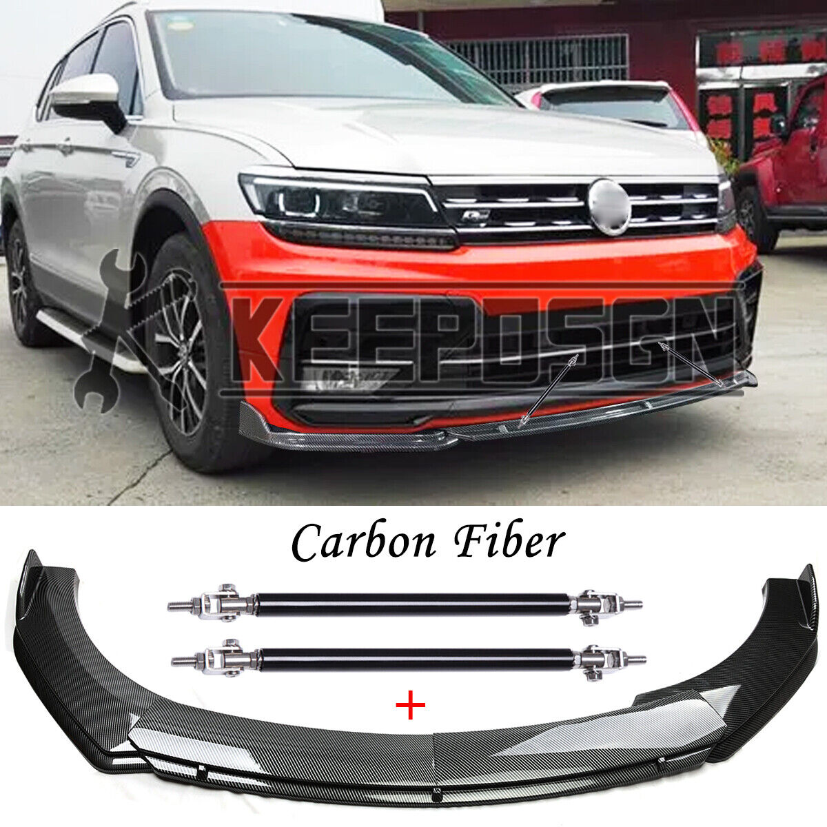 For VW Tiguan SE SEL R-Line CARBON Front Bumper Lip Spoiler Splitter +Strut Rods