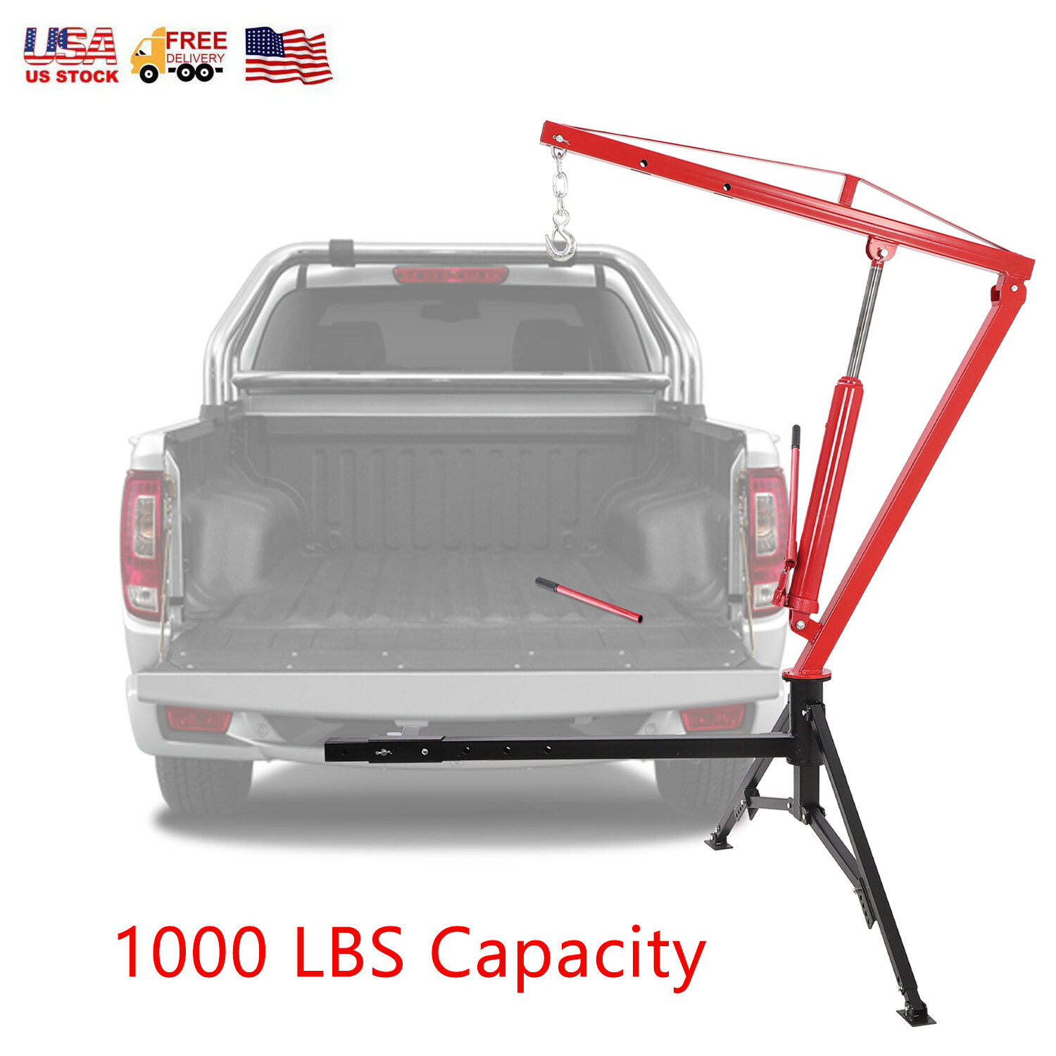 1000 LB Hydraulic Hitch-Mount Truck Crane With 2-Inch Hitch Receiver 360° Swivel