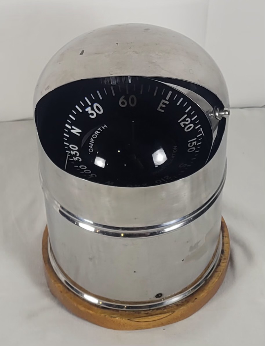 Vintage Danforth Constellation Binnacle Compass Stainless Steel Hood Wood Base
