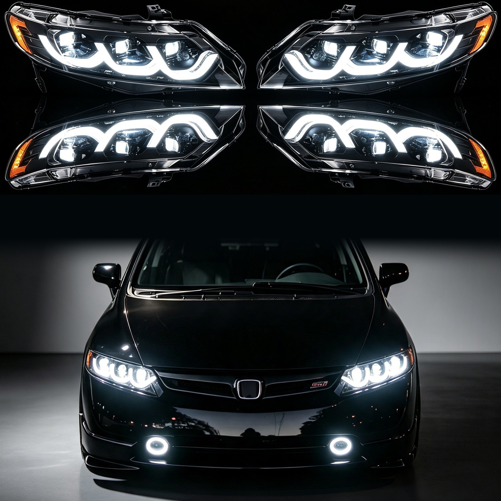 Tri-Projector Headlights For Honda Civic Sedan 8th Gen 2006-2011 LED Front Lamps