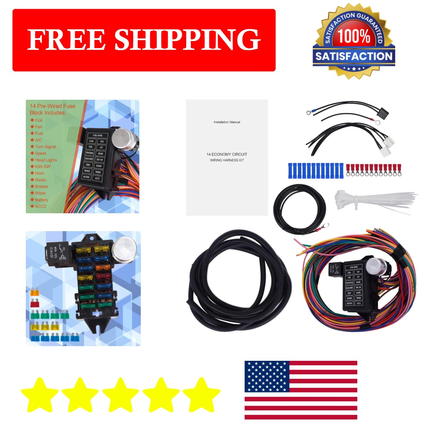 Complete 14 Circuit Universal Wiring Harness for Chevy, Ford, Mopar Vehicles