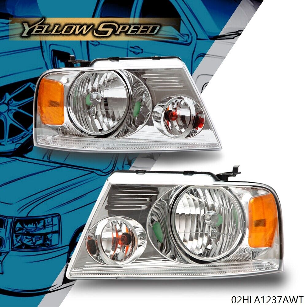 Fit For 04-08 Ford F150 Lincoln Pair Chrome Housing Amber Side Headlight/Lamp